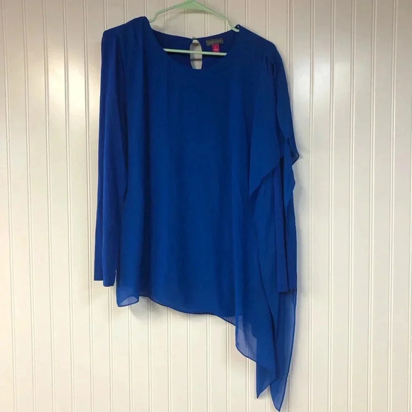Vince Camuto Asymmetrical Hem Blouse Large Blue Chiffon Mixed Fabric - Picture 1 of 4